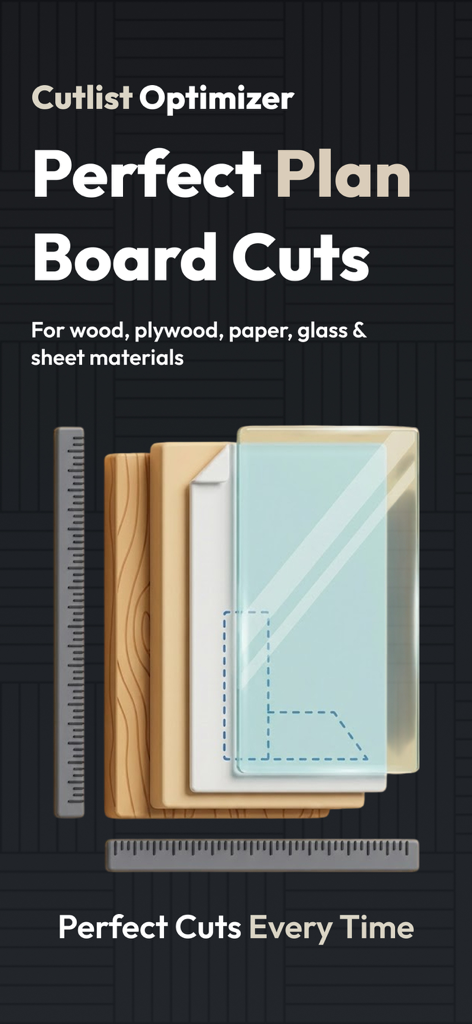 Illustration showing stacked wood and glass sheets with a cut layout and rulers for precise material planning