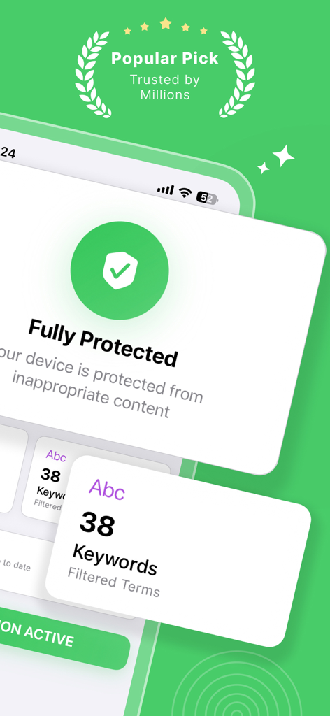 Porn Blocker: PurePath - Interface do aplicativo PurePath mostrando status totalmente protegido e resumo da filtragem por palavras-chave
