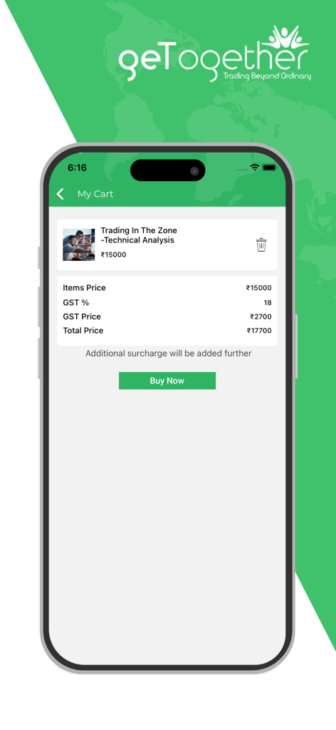 Interface do aplicativo móvel mostrando um carrinho de compras para um curso de trading de análise técnica
