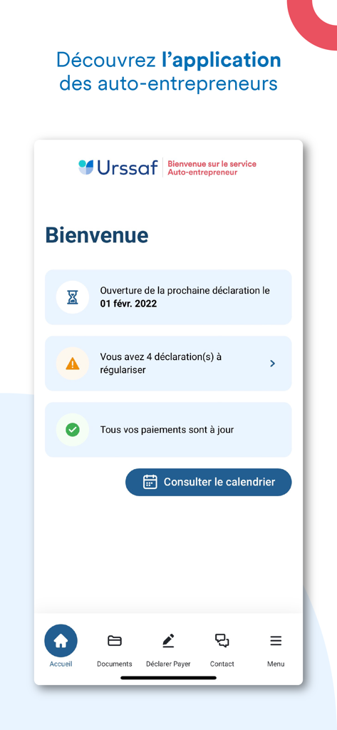 AutoEntrepreneur Urssaf - Tableau de bord de l'application mobile AutoEntrepreneur Urssaf montrant l'état du compte et les prochaines déclarations pour les indépendants.