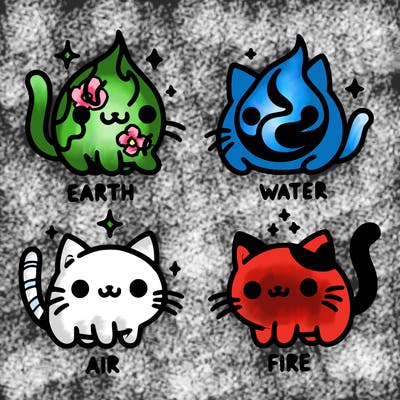 4 cats that represent the different elements, earth, water, air, and fire