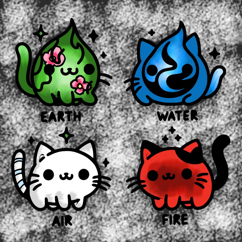 4 cats that represent the different elements, earth, water, air, and fire