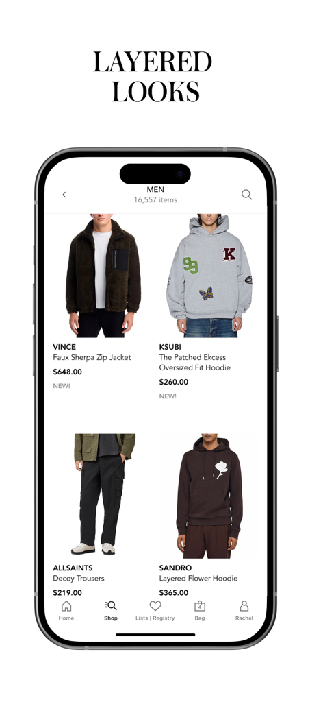 Bloomingdales app interface showing a curated selection of premium mens designer clothing