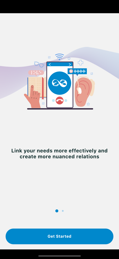 Signo Application - Página de incorporación de la aplicación Signo con iconos de accesibilidad de comunicación