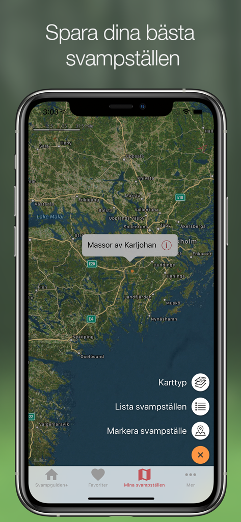 Svampguiden+ - Satellite map showing a saved mushroom foraging location in the Svampguiden plus app