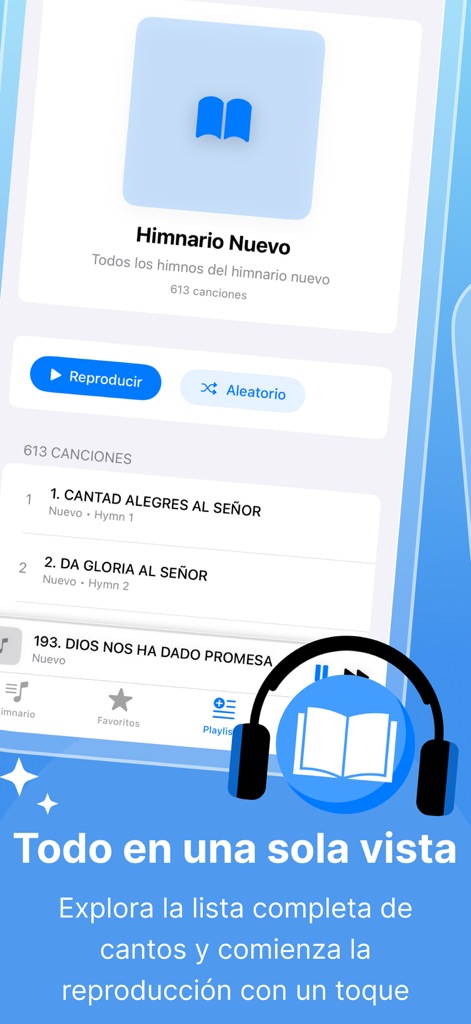 Himnario Nuevo Y Antiguo - Interface of the Himnario Nuevo y Antiguo app showing a list of Adventist hymns with play and shuffle buttons