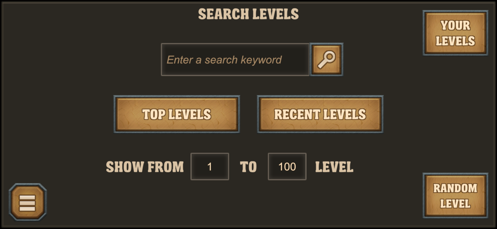 Epic Game Maker: Sandbox Craft - Menú de búsqueda de niveles de Epic Game Maker con opciones para las creaciones más populares y recientes de la comunidad