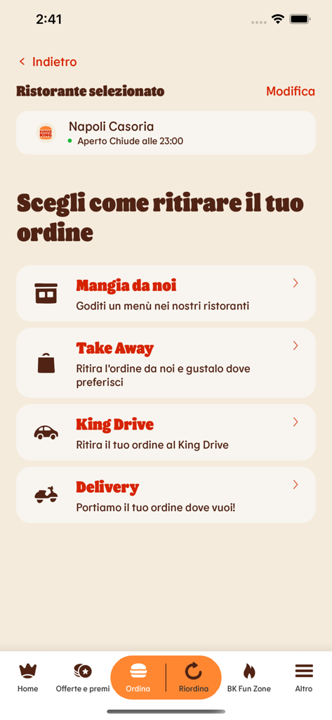 Burger King Italia - Burger King Italia app screen showing pickup and delivery options including Take Away and King Drive