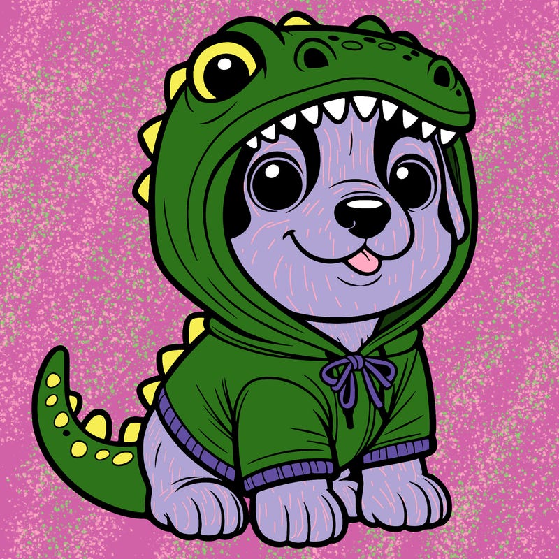dog in a dinosaur hoodie