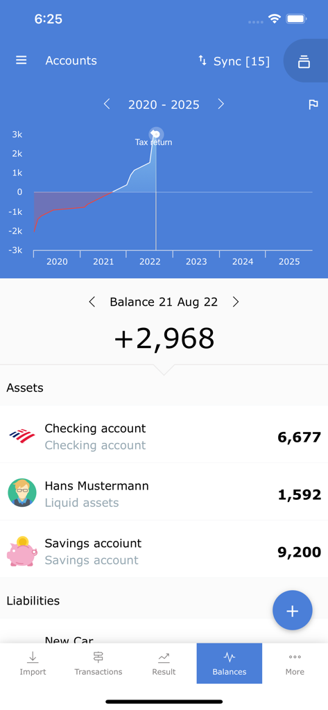 Spendle mobile app interface showing account balances and financial growth chart