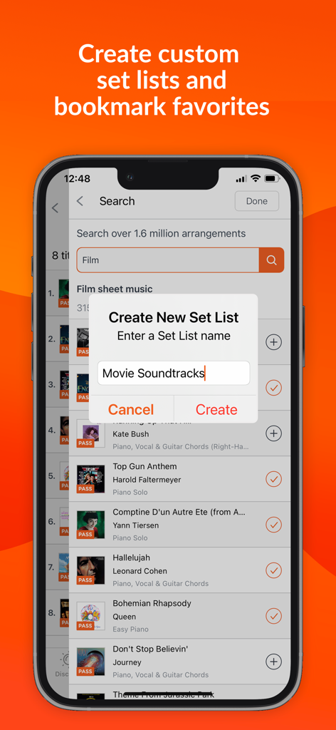 Sheet Music Direct - A screenshot of the Sheet Music Direct app showing the interface for creating a custom set list named Movie Soundtracks.