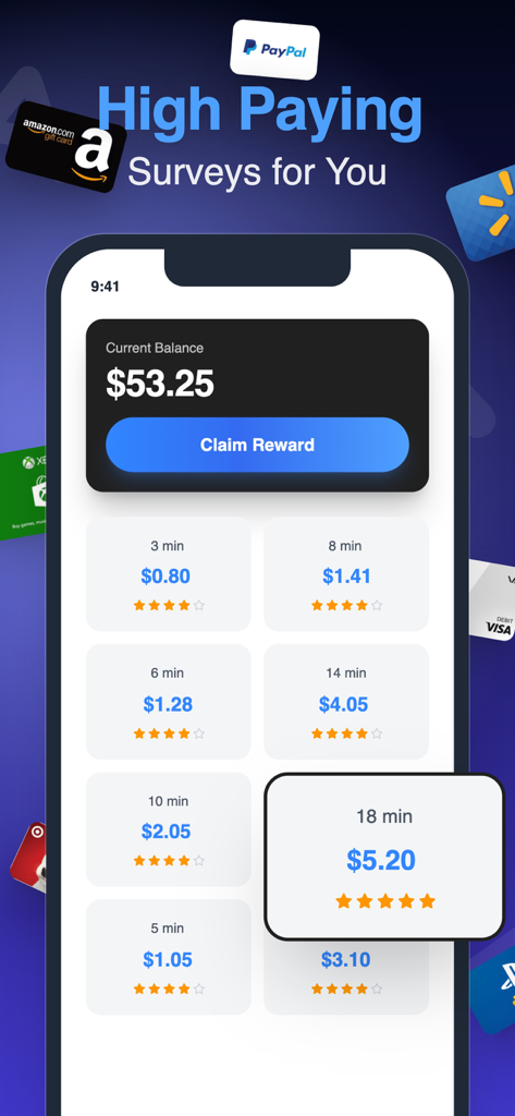 AirPerks: Earn & Save Money - Interface do aplicativo AirPerks mostrando uma lista de pesquisas pagas com recompensas em dinheiro e um saldo atual