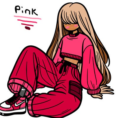 a girl with baggy pants and a crop top with long hair