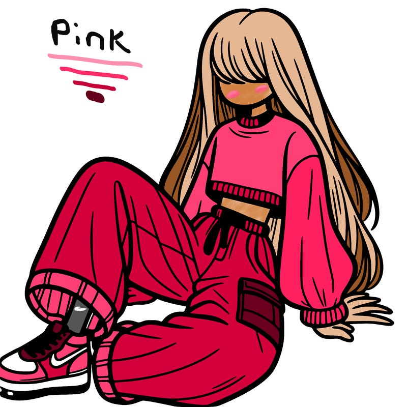 a girl with baggy pants and a crop top with long hair