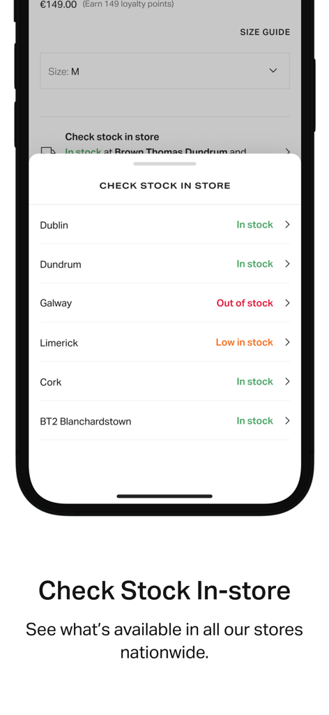 Brown Thomas - Brown Thomas app interface showing real-time stock availability across multiple Irish store locations