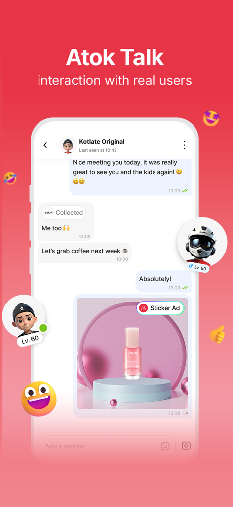 ATOK - ATOK app chat interface showing user messages and integrated sticker ads