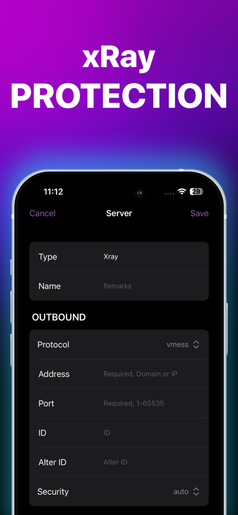 OrNET VPN - OrNET VPN app interface showing advanced xray protection and vmess protocol server configuration