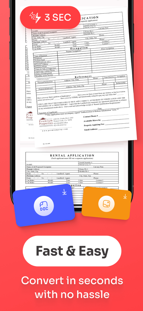 Tela do aplicativo móvel mostrando a conversão de documentos para PDF em três segundos