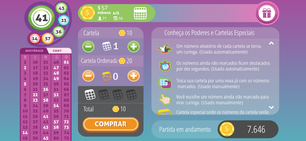 Mega Bingo Online - Schermata di gioco di Mega Bingo Online che mostra il negozio di cartelle del bingo e le descrizioni dei potenziamenti speciali