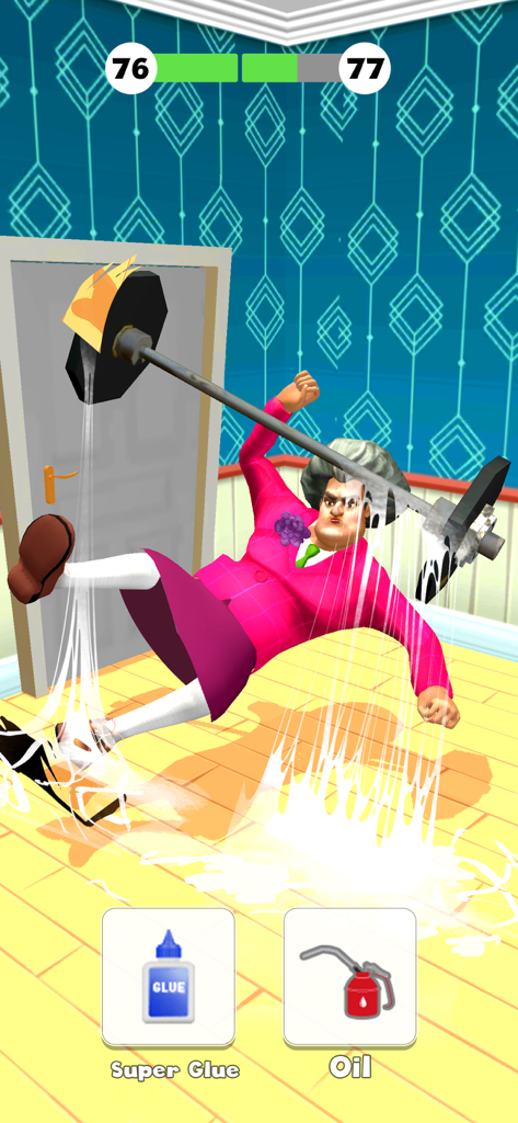 The Prankster 3D - A character falling into a glue trap in The Prankster 3D mobile game with choice options for Super Glue and Oil.