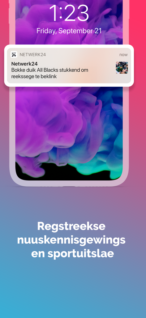 Smartphone lock screen showing a Netwerk24 news notification in Afrikaans about a rugby match result.