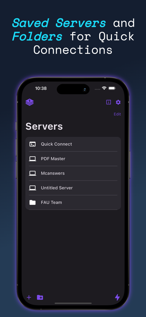 Termux - Screenshot of the Termux app showing saved servers and folders for quick SSH connections on an iPhone