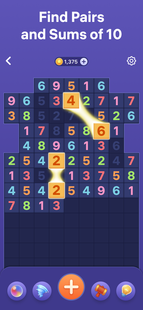 Number Tiles - Match Numbers - A gameplay screenshot of Number Tiles showing matched pairs and sums of ten on a colorful logic puzzle grid.