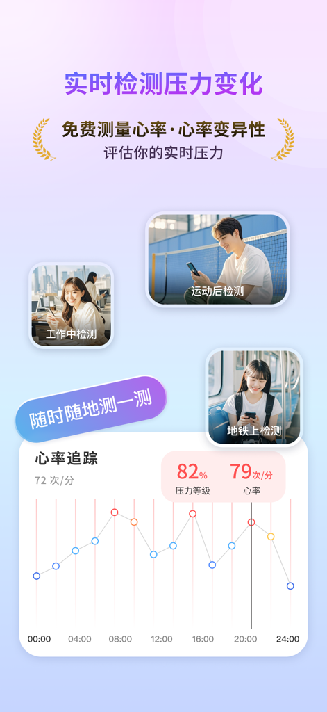 幻休助眠-睡眠监测,白噪音,冥想,梦话鼾声,压力心率检测 - Real-time stress monitoring and heart rate tracking dashboard with a 24-hour data graph.