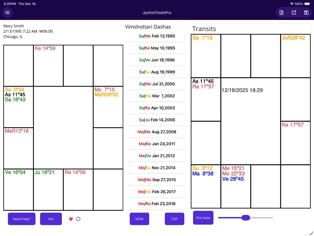Interface of JyotishToolsPro for iPad showing Vedic astrology natal charts, Vimshottari Dashas, and planetary transits