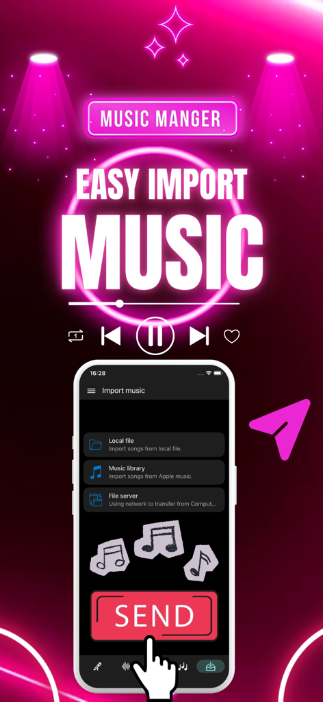 Karaoke Offline: Music Player - Karaoke app screen showing options to import local music files and a music manager feature on a pink neon background.