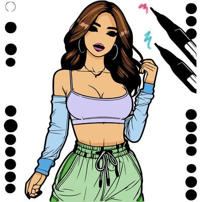 realistic beautiful girl with short crop top and make up and baggy pants