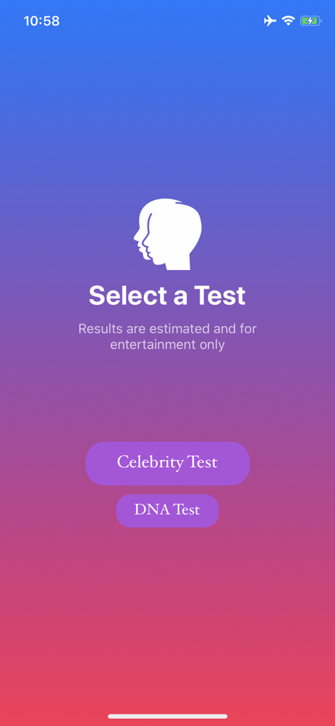 Main screen of the My Ancestry app with Celebrity Test and DNA Test selection buttons.
