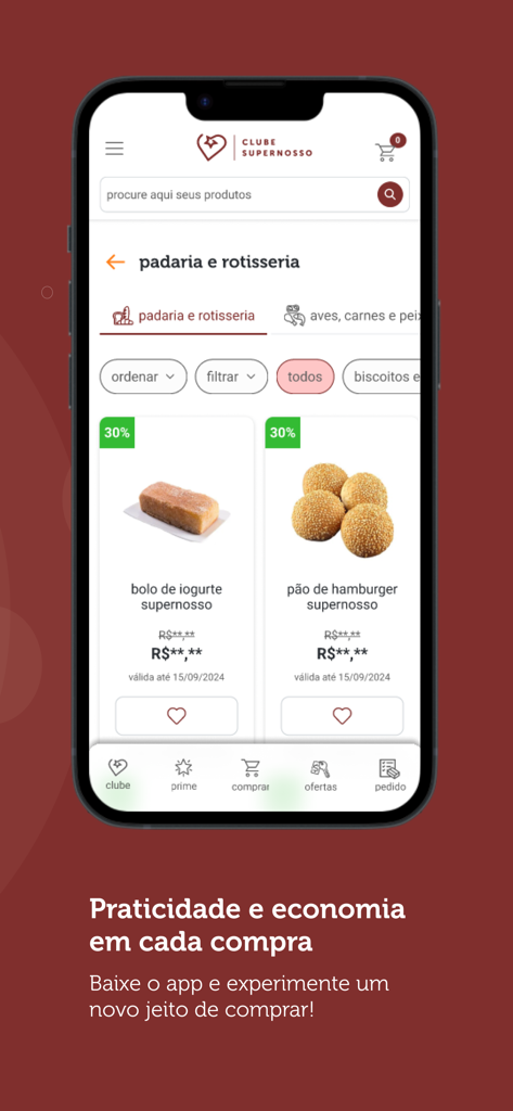 Interface do aplicativo móvel Clube Supernosso exibindo descontos em mercearias em itens de padaria e rotisserie.