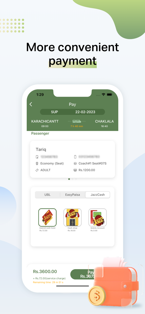 A mobile screen of the Rabta app showing train ticket payment details for Pakistan Railways including passenger info and payment methods