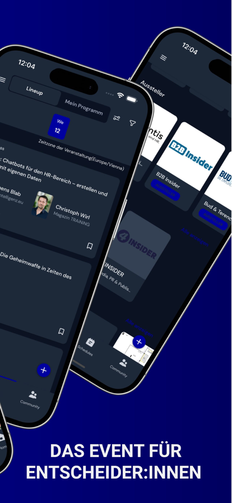 HREX - Two mobile screens of the HREX app showing an event lineup with speakers and a directory of exhibitors for HR professionals.