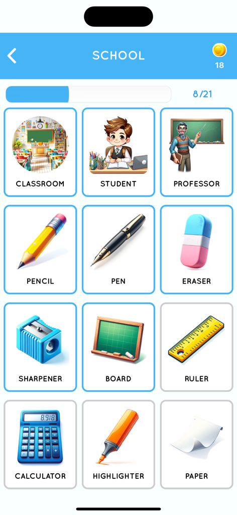 English vocabulary lesson about school showing illustrations of a student and school supplies