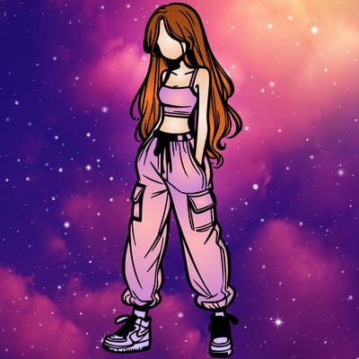 girl in baggy pants crop top and long hair