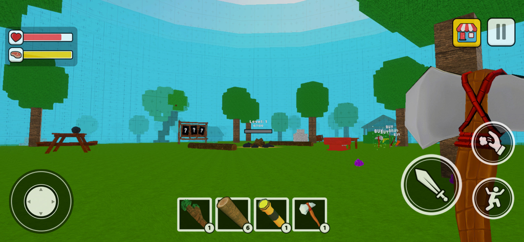 ForForest Nights: Survive it - First person gameplay of a 3D jungle survival game showing a forest camp and crafting interface