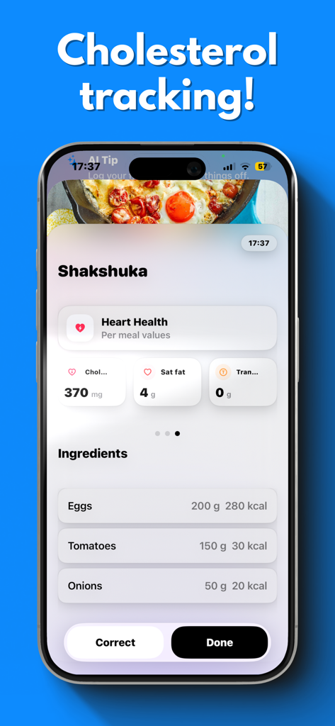 Kalí - Kali app interface showing heart health metrics and ingredient breakdown for a meal
