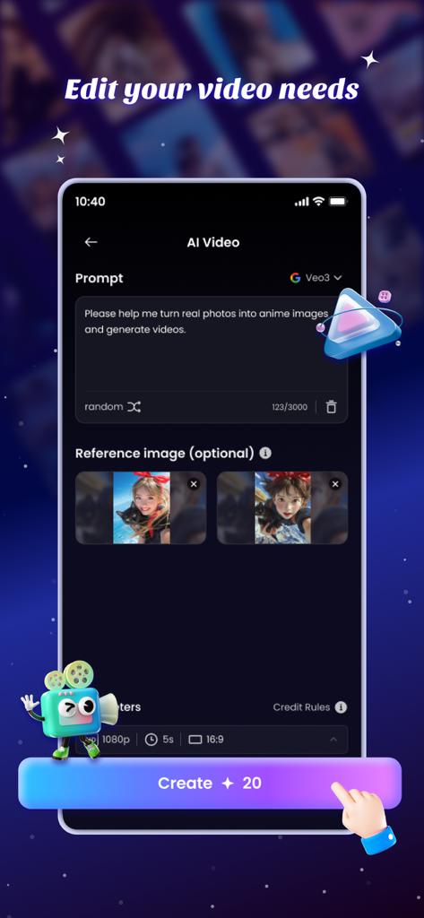 AI Video & Music - TopMediai - TopMediai app interface showing the AI video generation screen with a prompt to turn photos into anime style videos.