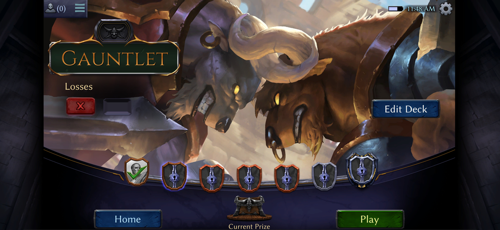 Eternal Card Game Gauntlet mode menu with fantasy minotaur illustration and deck editing options