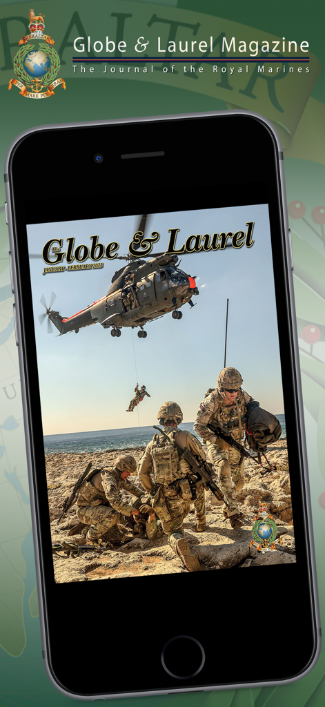 The Globe & Laurel - Smartphone screen displaying The Globe and Laurel magazine cover with Royal Marines and a helicopter