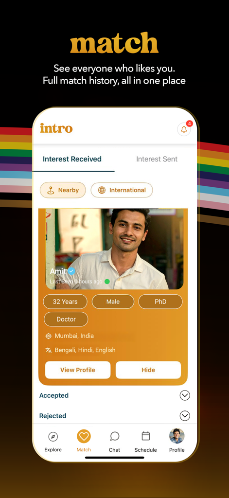 Intro - Queer Desi Dating - Intro app match screen showing user profile card and interest received categories