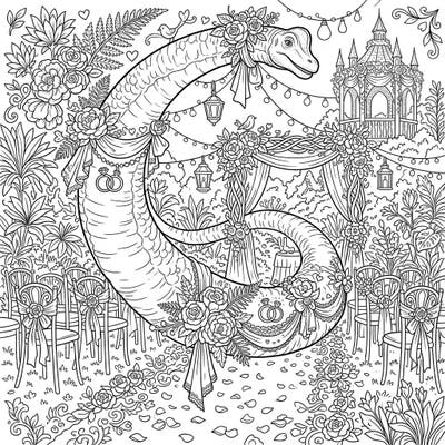 Step into a truly unique celebration with this Brachiosaurus tail wedding coloring page, blending prehistoric charm with romantic elegance. Adorned with delicate florals and sparkling rings, it offers a whimsical twist on a timeless event.