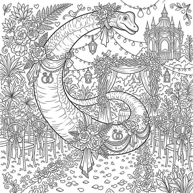Step into a truly unique celebration with this Brachiosaurus tail wedding coloring page, blending prehistoric charm with romantic elegance. Adorned with delicate florals and sparkling rings, it offers a whimsical twist on a timeless event.
