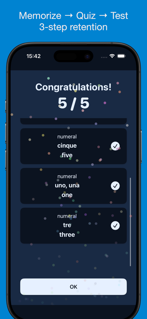 Basic Italian Vocabulary App - A congratulations screen in the Italian vocabulary app showing a perfect quiz score and the three-step retention process.