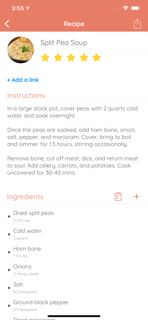 Screenshot of the Family Organizer app showing a Split Pea Soup recipe with instructions and ingredients