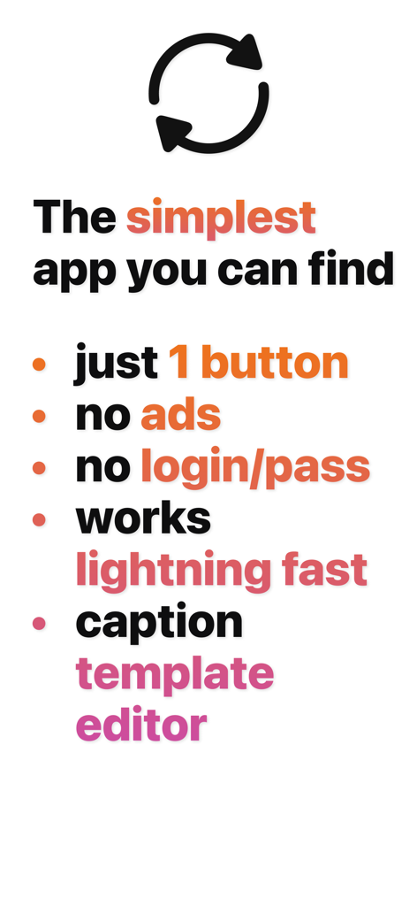 List of Repo app features highlighting simplicity no ads and no login for Instagram reposting