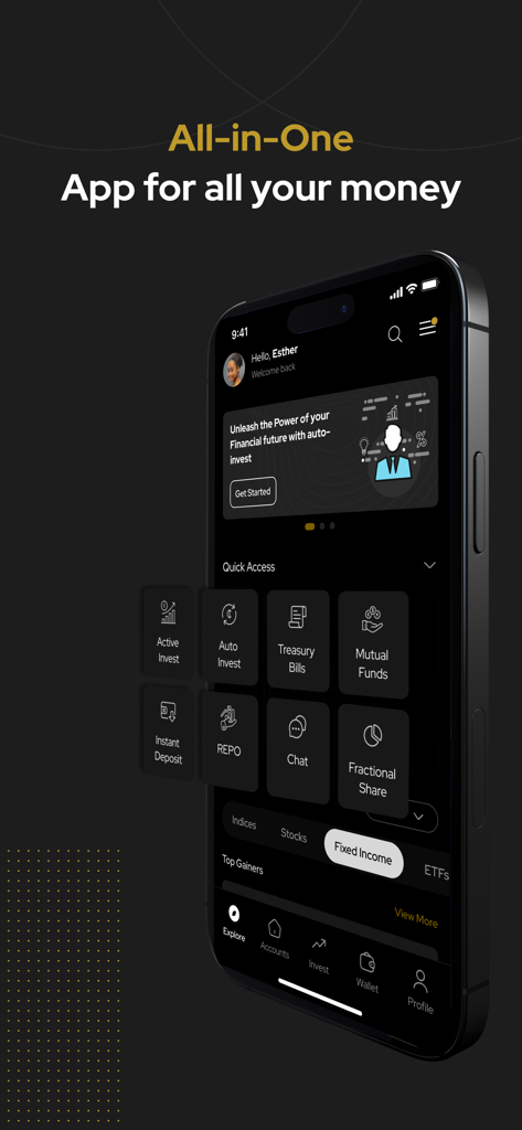 Black Star - A better way. - A smartphone showing the Black Star app interface with various investment options and automated portfolio management features.