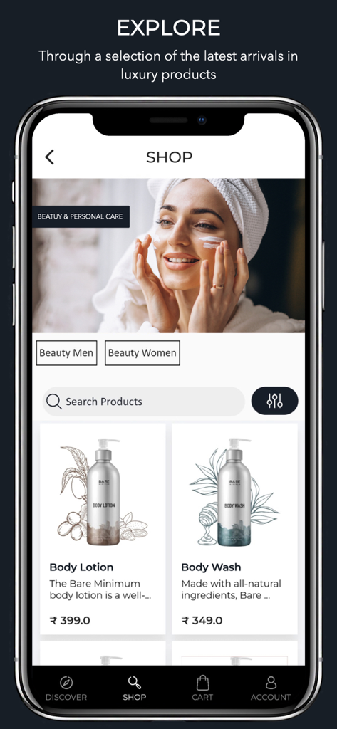 Smazing Marketplace - Smazing Marketplace app interface showing luxury beauty and personal care products for men and women